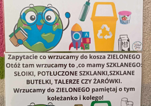 plansze z informacjami o kolorowych koszach na śmieci