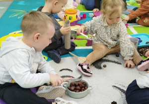 dziewczynka zbiera kasztany ręką, chłopiec miesza je łyżką