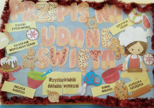na tablicy zawieszony jest przepis na udane święta oraz kolorowe ilustracje
