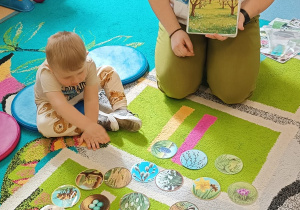 opiekunka pokazuje ilustracje, na dywanie leżą rozsypane obrazki, dzieci siedzą wokół