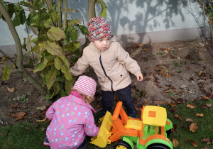 dziewczynka i chłopiec zbierają liści obok stoi duża koparka