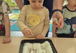 chłopiec sieje nasionka w pojemniku