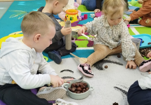 dziewczynka zbiera kasztany ręką, chłopiec miesza je łyżką