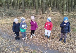 dzieci stoją w lesie, uśmiechają się