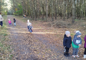 dzieci wraz z opiekunką stoją na drodze w lesie