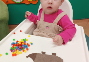 dziecko patrzy , na stoliku leży jeż i kolorowe kulki