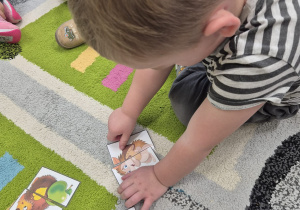 chłopiec układa obrazek jeża z puzzli