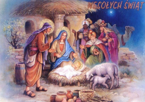 obrazek przedstawia narodzonego w szopce Jezusa, a wokół Maryję, Józefa i Trzech Króli