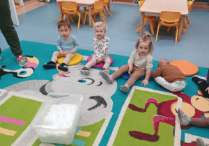 dzieci siedza na dywanie, a przed nimi stoi pojemnik ze śniegiem