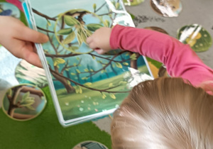 dziewczynka podaje wybrany przez siebie obrazek do dużego trzymanego przez opiekunkę