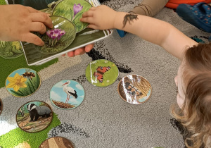 dziewczynka podaje obrazek wybrany przez siebie do dużego trzymanego przez opiekunkę