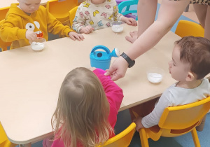 dzieci przey stoliku, sypią ziarenka do kubeczków, opiekunka pomaga