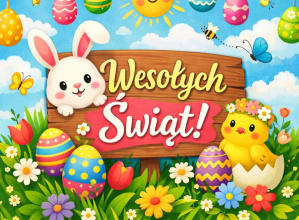 wesoły zajączek i kurczaczek, kolorowe pisanki i napis: wesołych świąt!