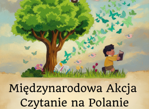 rysunkowy plakat przedstawia dziecko trzymające książkę, a z tyłu drzewo i wylatujące z leżącej na trawie książki motyle